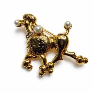 Vintage Danecraft Gold Tone Poodle Brooch Pin Faux Pearl Rhinestones